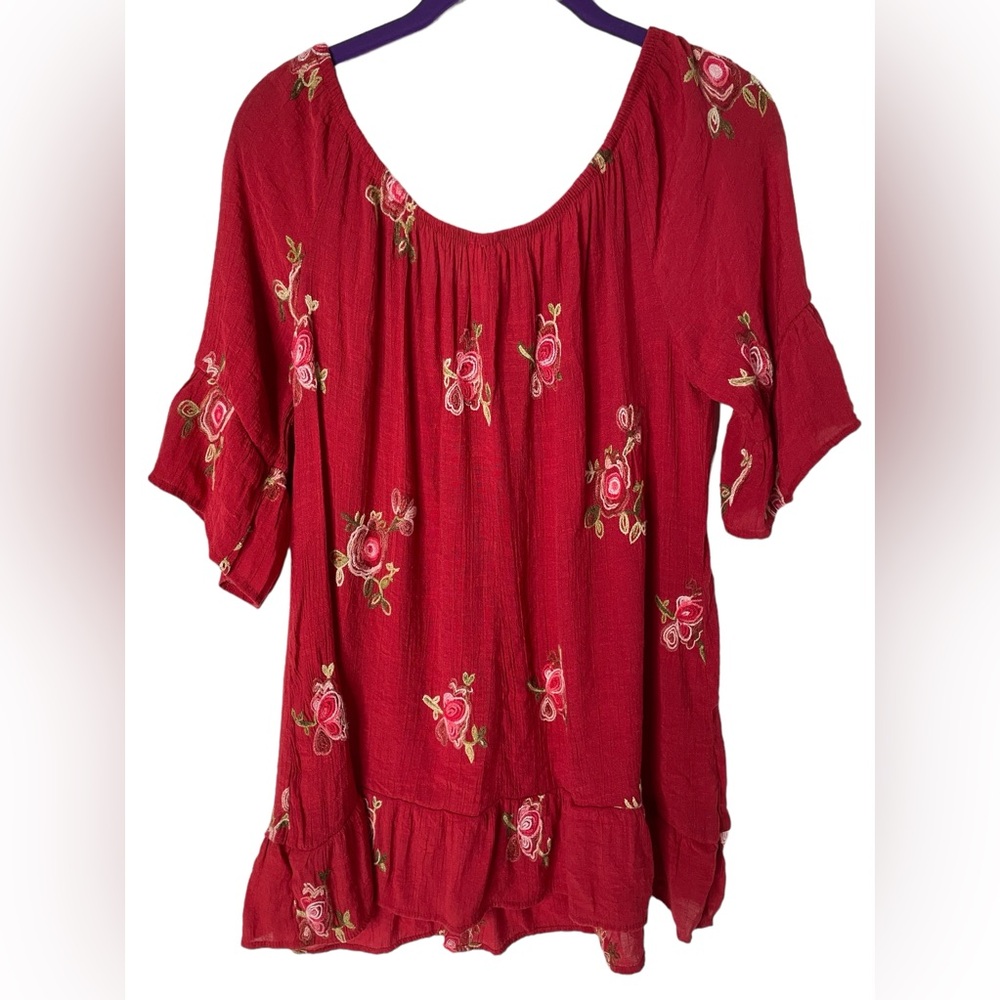 Fig and Flower Boho Red Embroidered Peasant Blouse Sz 1X